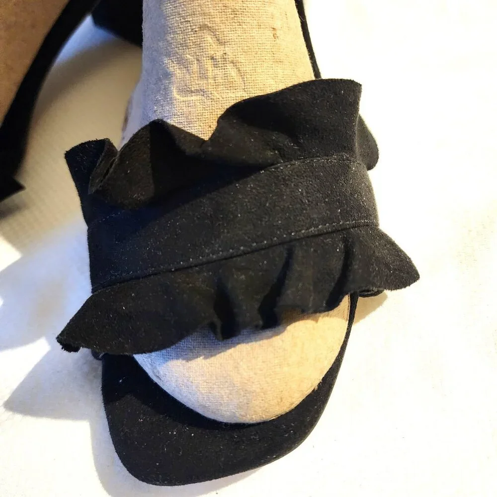 Elegant Blk‎ Sueded Velvet Ruffle Office Siren Cocktail Heel Slide Sz. 39/US 9